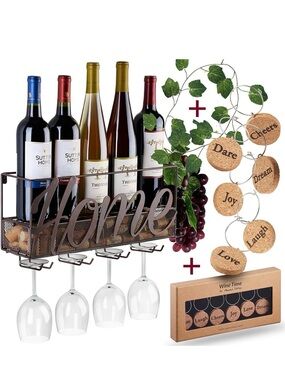 Home Metal Wine Rack with Hanging Glass Holders and Cork Tags - dark brown